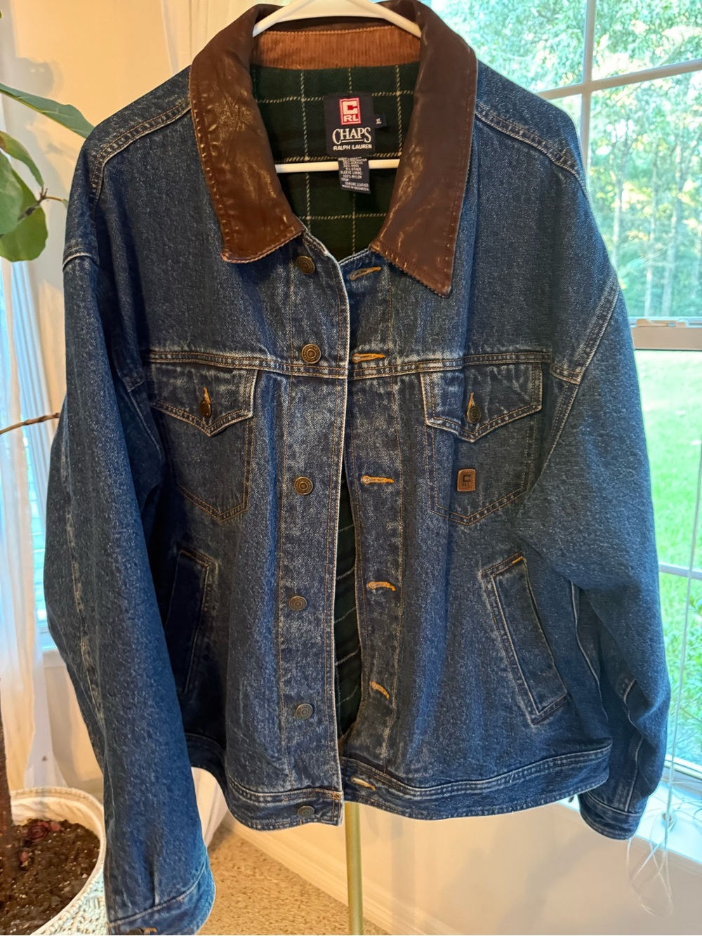 Chaps, Ralph Lauren Denim Jacket with Brown Corduroy Collar and plaid flannel